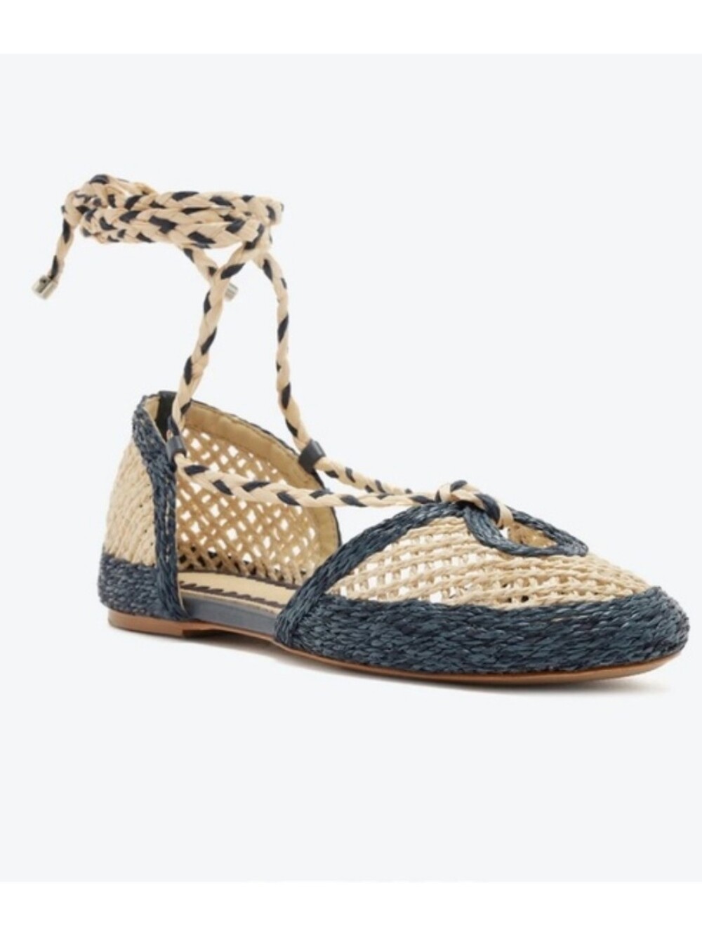 Schutz Jessel Flat Sandal Navy and Tan Straw Flats Size 6B - Picture 2 of 10